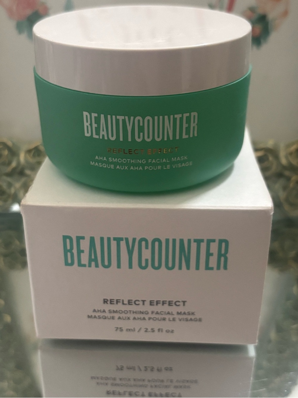 Beautycounter AHA Smoothing Facial Mask - Teal & White Jar